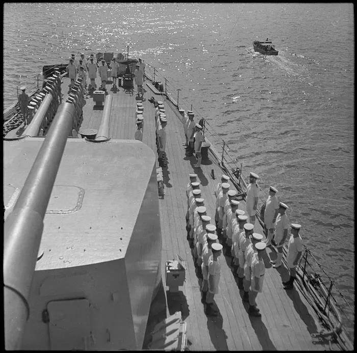 Crew of HMS Leander lined up at church parade