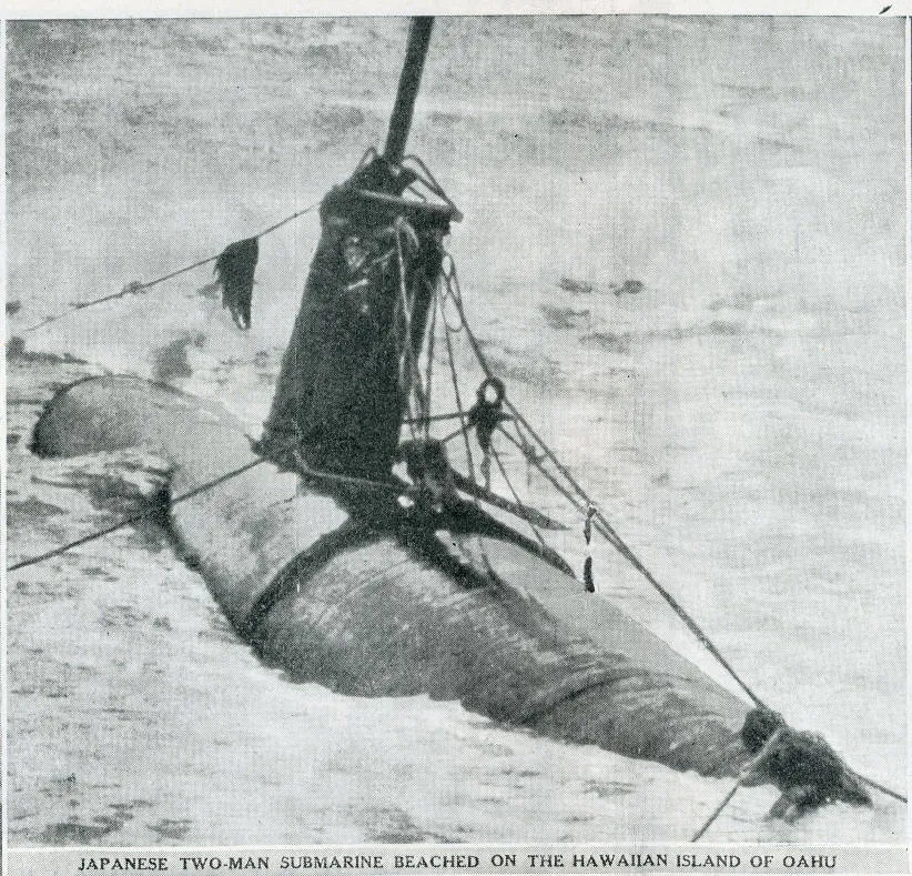 Japanese two-man submarine beached on the Hawaiian island of Oahu