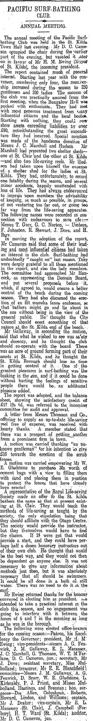 Image: PACIFIC SURF-BATHING CLUB. (Otago Daily Times 31-8-1911)