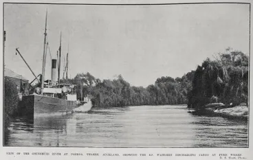 Image: VIEW OF THE OHINEMURI RIVER AT PAEROA, THAMES, AUCKLAND, SHOWING THE S.S. WAIMARIE DISCHARGING CARGO AT PUKE WHARF