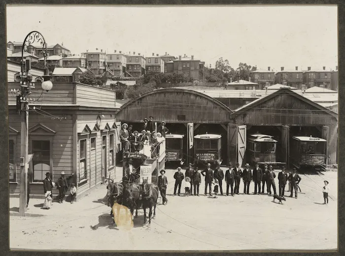 Wellington Corporation horse drawn tram, and group, at the Tramways barns in Adelaide Road, Newtown, Wellington