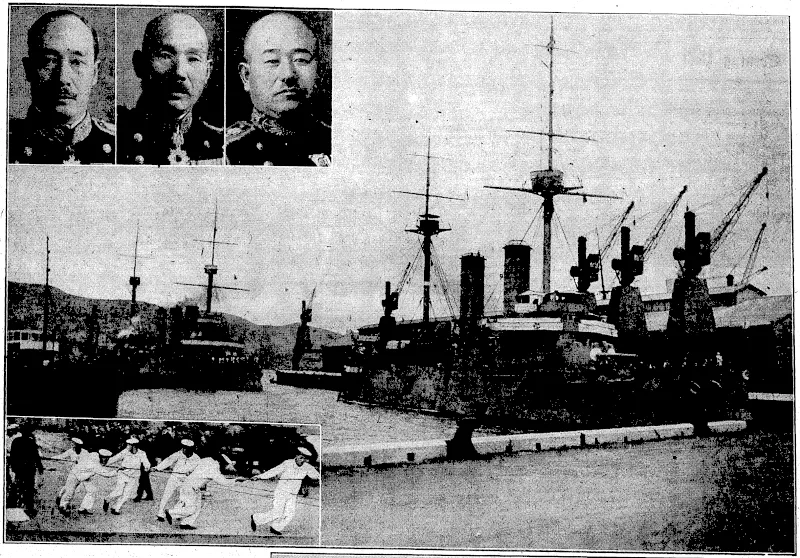 Evenlnß Post" Photo. JAPANESE SQUADRON ARRiyES.-tf./l/.M.S.'s Asama and Yakumo berthing at Wellington this morning assisted by the Harbour Board's Toia and other tugs. At top, from left, Rear-Admiral Kamesaburo Nakamura, commander of the squadron, Captain Denshichi Ohkawachi, of the Asama, and Captain Rokuzo Sugiyama, of the Yakumo. .Insh, at bottom, Japanese seamen assisting in the , mooring of the two warships. (Evening Post, 15 May 1935)