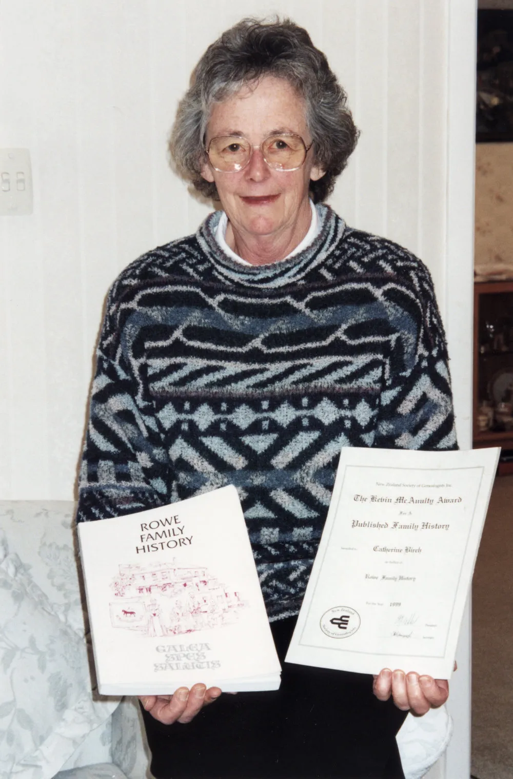 Katherine Birch wins Kevin McAnulty award for her published family history 'The Rowe Family'.