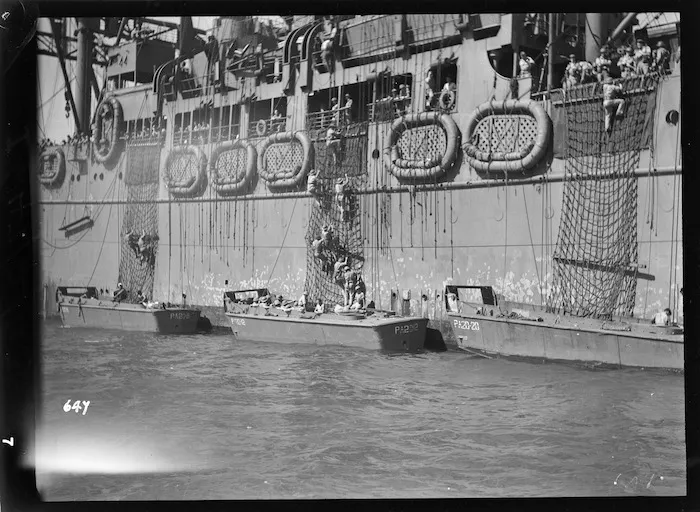 World War II soldiers in the Pacific practising boarding a ship