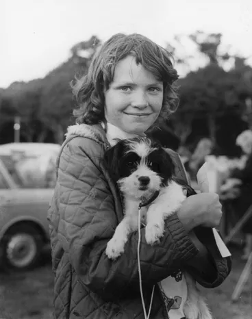 Image: A & P show; pet parade; girl and puppy