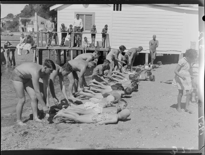 Children learning to swim at Evans Bay, Wellington