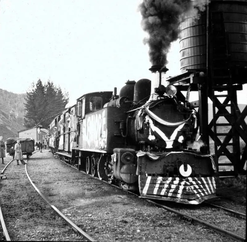 Railway Wf Series Locomotive at Tui Station on the Nelson-Glenhope Line on the last day of Operation Tui, New Zealand.