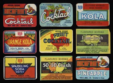 Image: Wolfe Bros Ltd :[Nine further soft drink labels for compound and flavoured beverages. ca 1935-1964?]