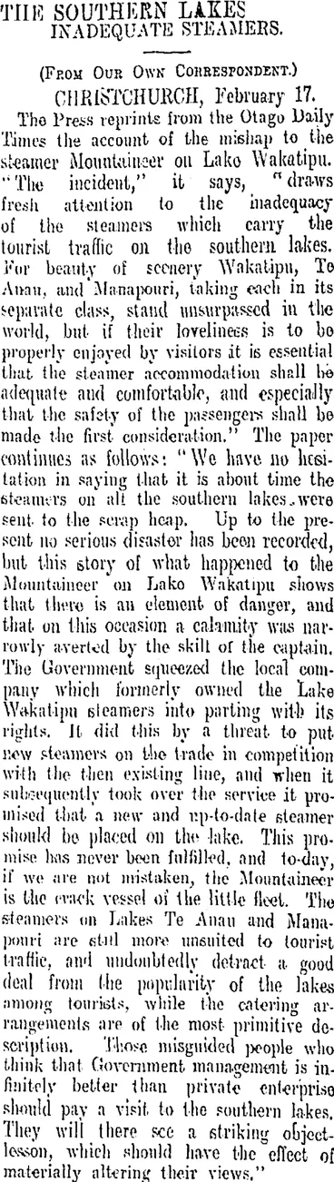 Image: THE SOUTHERN LAKES. (Otago Daily Times 18-2-1909)