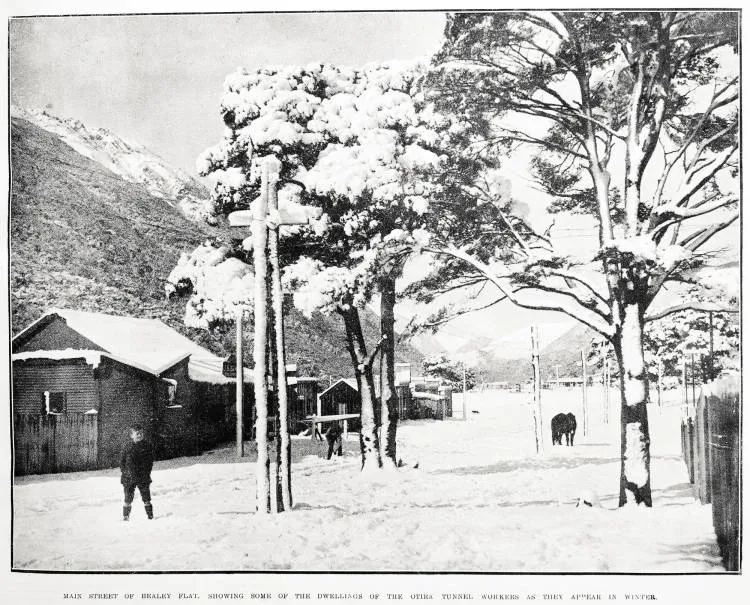 Main street of Bealey Flat, showing some of the dwellings of the Otira Tunnel workers as they appear in winter