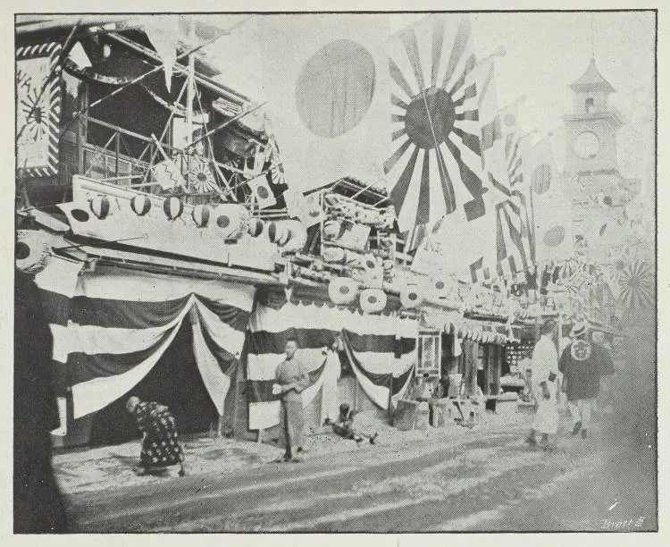 Japanese street scene, showing patriotic flags during the Russo-Japanese War