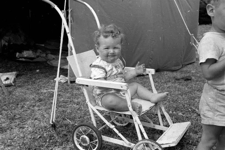 Ian Raw in a pushchair, Opononi