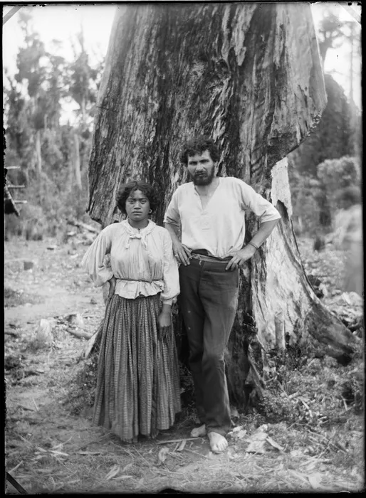 Fred Byrne with unidentified Maori woman, Te Kauri, Otorohanga District