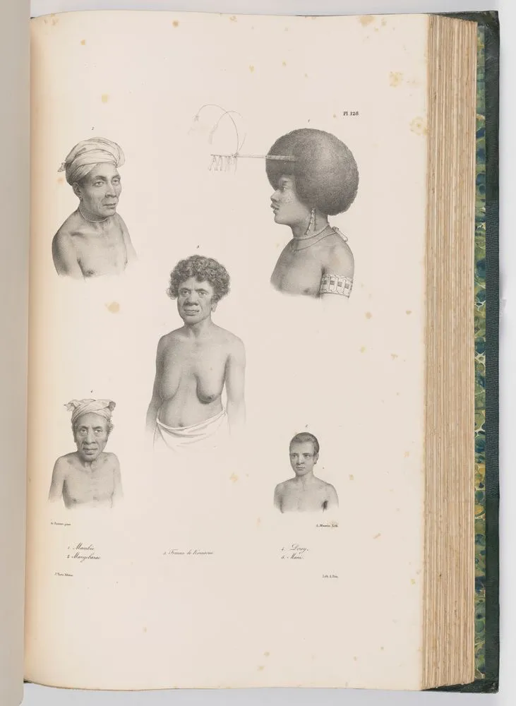 1. Mambéo. 2. Mangobarac. 3. Femme de Kouaoui. 4. Dorey. 5. Mani. Plate 128. From the book Voyage de la corvette l'Astrolabe execute pendant les annees 1826-1827-1828-1829.