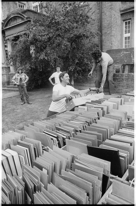 Removals staff moving books from Alexander Turnbull Library
