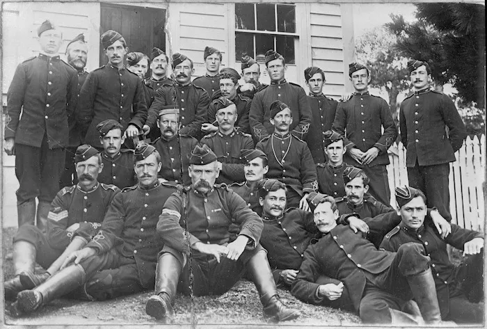 Group of militia at Rawene, Hokianga, during the Dog Tax Rebellion