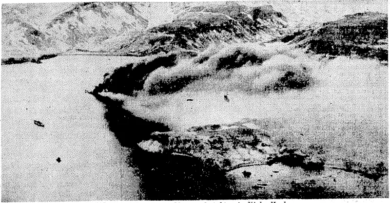 A Japanese transport ablaze and sinking in Kiska Harbour. (Evening Post, 01 June 1943)
