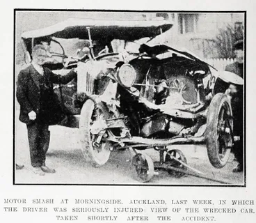 Image: Motor smash at Morningside, Auckland, last week, in which the driver was seriously injured : view of the wrecked car. taken shortly after the accident