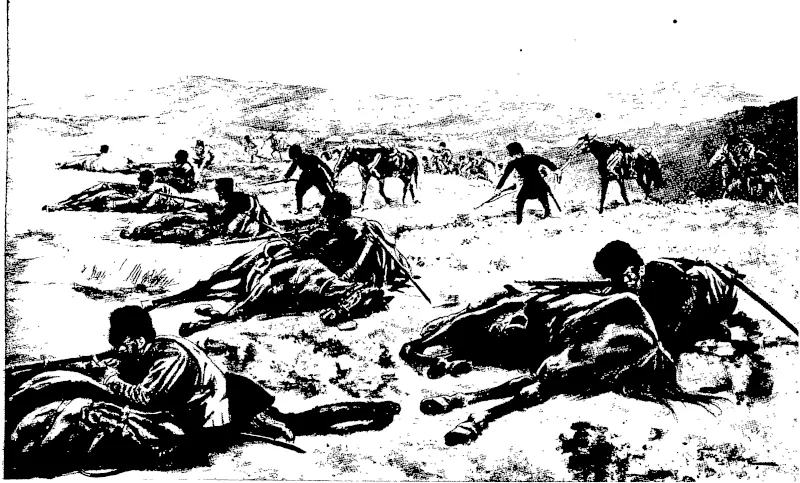 THE COSSACK AND HIS HORSE: A DEVICE FOR SECURING COVER DURING A SKIRMISH.  The Cossack trains his horse to he down and provide mm with temporary cover when attacked. The animals keep still under the hottest fiie, The Cossack has, however, now been proved les3 mobile than the Japanese trooper, who as, at the best, not a first-class cavalryman. (Otago Witness, 29 June 1904)