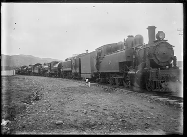 Image: Row of locomotives outside the Hutt Railway Workshops, Woburn