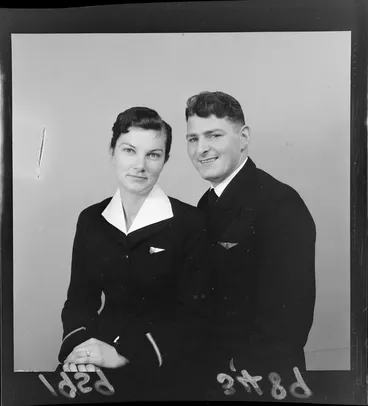 Image: Engagement portrait of Heather Rush and Don Matthews in uniforms, Wellington Region