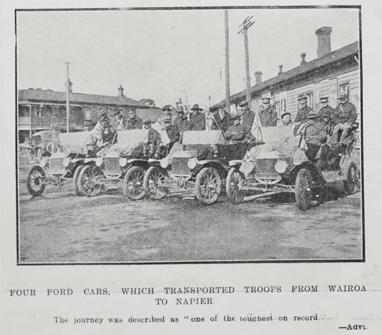 Four Ford cars, which transported troops from Wairoa to Napier