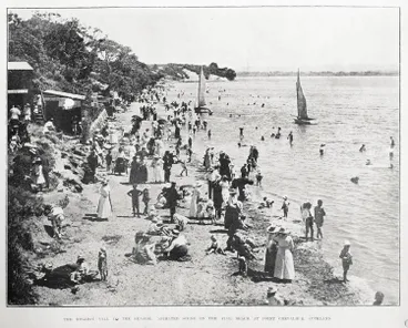 The holiday call to the seaside: animated scene on the fine beach at Point Chevalier, Auckland Image: The holiday call to the seaside: animated scene on the fine beach at Point Chevalier, Auckland