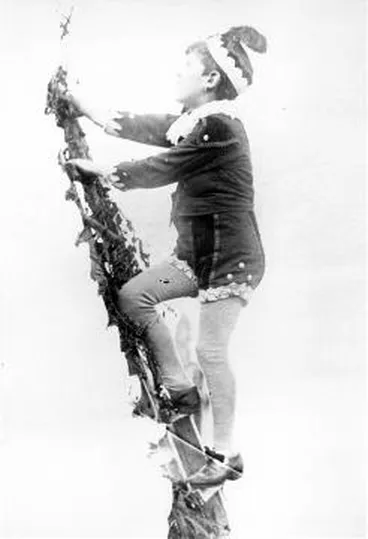 Image: A boy in costume climbing a ladder