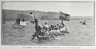 Image: The Governor and party arriving at Tamatekapua in a Māori war canoe