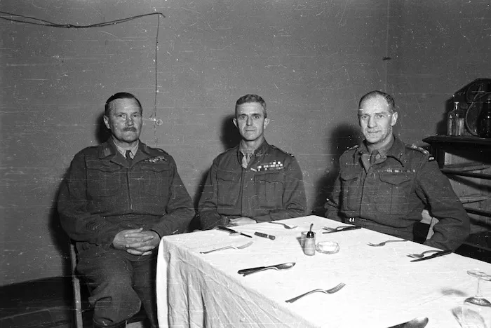 Kaye, George F, 1914- (Photographer) : Bernard Cyril Freyberg, Harold Eric Barrowclough and Ronald Stuart Park meeting at the headquarters of 2 New Zealand Division, Italy