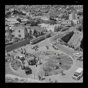 Image: Round-about at entrance of tunnel at opening of the Christchurch - Lyttelton Road Tunnel, 1964.
