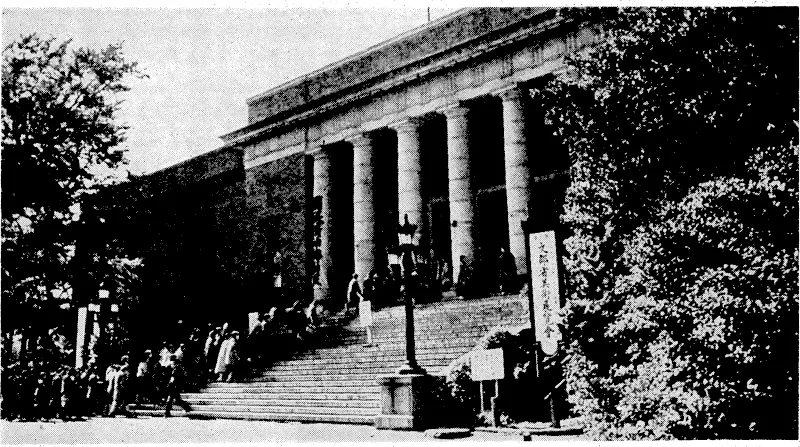 The Peffectual Fine Arts Gallery ht Verio, about forty miles to the-east of Osaka, where the third fine arts exhibition was recently opened under the patronage of the Japanese'Education-Ministry, The exhibition included displays' of oil painting, wdtercolours, statuary, arid metal working. (Evening Post, 23 March 1940)