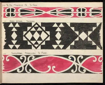 Image: Godber, Albert Percy, 1876-1949 :[Designs for rafter patterns]. 123. Te Hei Manoeka Pa, Te Puke; 124. Porch design, Tokaanu; 125. Tuhourangi. Rangiuru, Te Puke. [1940-1942?].
