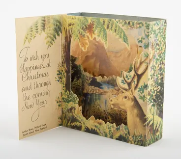Image: Dawson Printing Company (Firm) :Best wishes. To wish you happiness at Christmas and through the coming year. Arthur River, Milford Track, South Island, New Zealand. [3-D card. ca 1930-1949?].