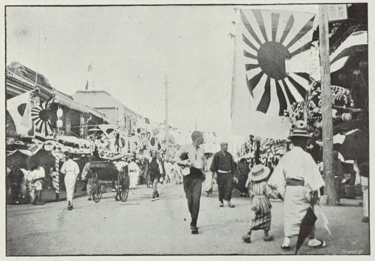 Japanese street scene, showing patriotic flags during the Russo-Japanese War