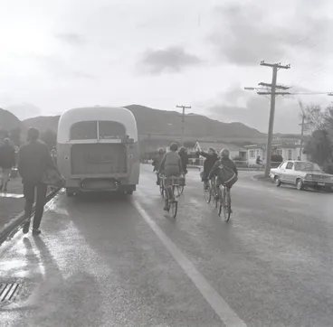 Image: Upper Hutt College; Cyclists and Bus; ca.1960s
