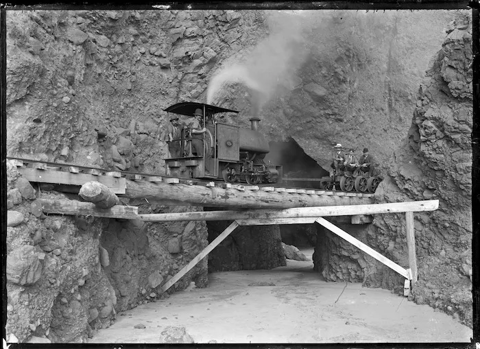 Steam railway locomotive the "Sandfly" on the Karekare beach tramway.