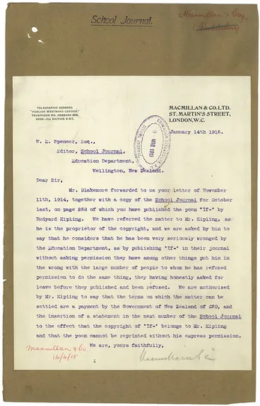 Image: Letter regarding the publication of Rudyard Kipling's 'If' in New Zealand School Journal, 1914