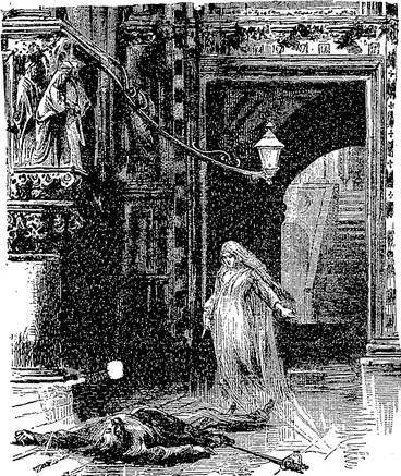 Image: A WHITE ROBED FIGtKE, WITH'HOOD AND MANTLE THROWN BACK, GLIDED GHOST-LIKE'��� (Observer, 30 December 1893)