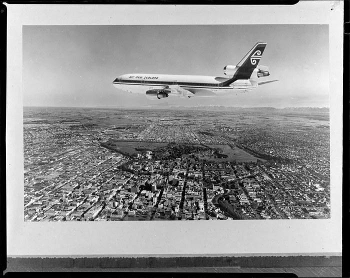 An Air New Zealand DC10 aeroplane over Christchurch