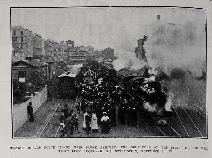 OPENING OF THE NORTH ISLAND MAIN TRUNK RAILWAY: THE DEPARTURE OF THE FIRST THROUGH MAIL TRAIN FROM AUCKLAND FOR WELLINGTON, NOVEMBER 9, 1908