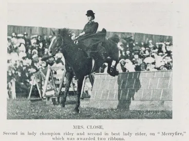 Image: Mrs Close, second in lady champion rider and second in best lady rider, on 'Merryfire, ' which was awarded two ribbons