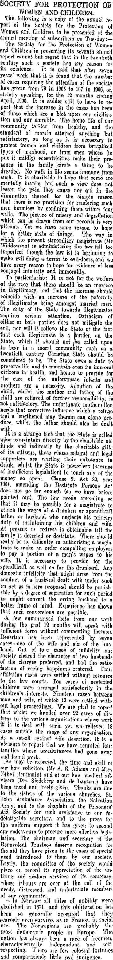 Image: SOCIETY FOR PROTECTION OF WOMEN AND CHILDREN. (Otago Daily Times 19-5-1906)