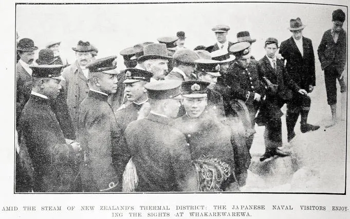 Amid the steam of New Zealand's thermal district: the Japanese naval visitors enjoying the sights at Whakarewarewa