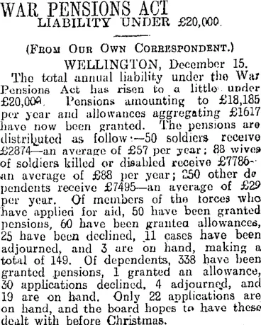 Image: WAR PENSIONS ACT (Otago Daily Times 16-12-1915)