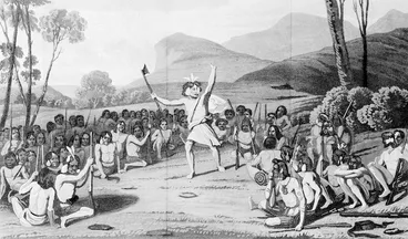 Image: Earle, Augustus, 1793-1838 :A New Zealand war speech. Drawn by A. Earle. Engraved by J Stewart / Published by Longman & Co., London, May 1832.