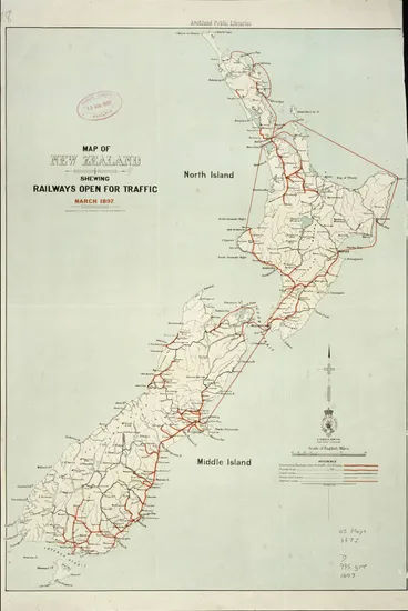 Map of New Zealand shewing railways open for traffic March 1897 Image: Map of New Zealand shewing railways open for traffic March 1897
