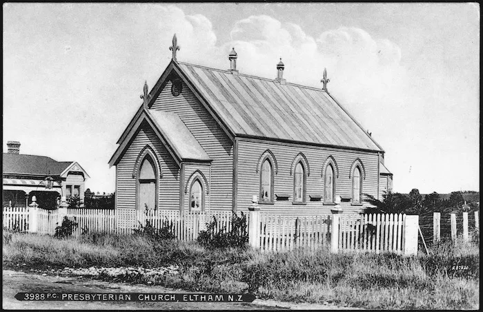 [Postcard]. Presbyterian Church, Eltham, N.Z. 3988 P.C.. M.A.W. series, printed in Saxony [ca 1904-1914]