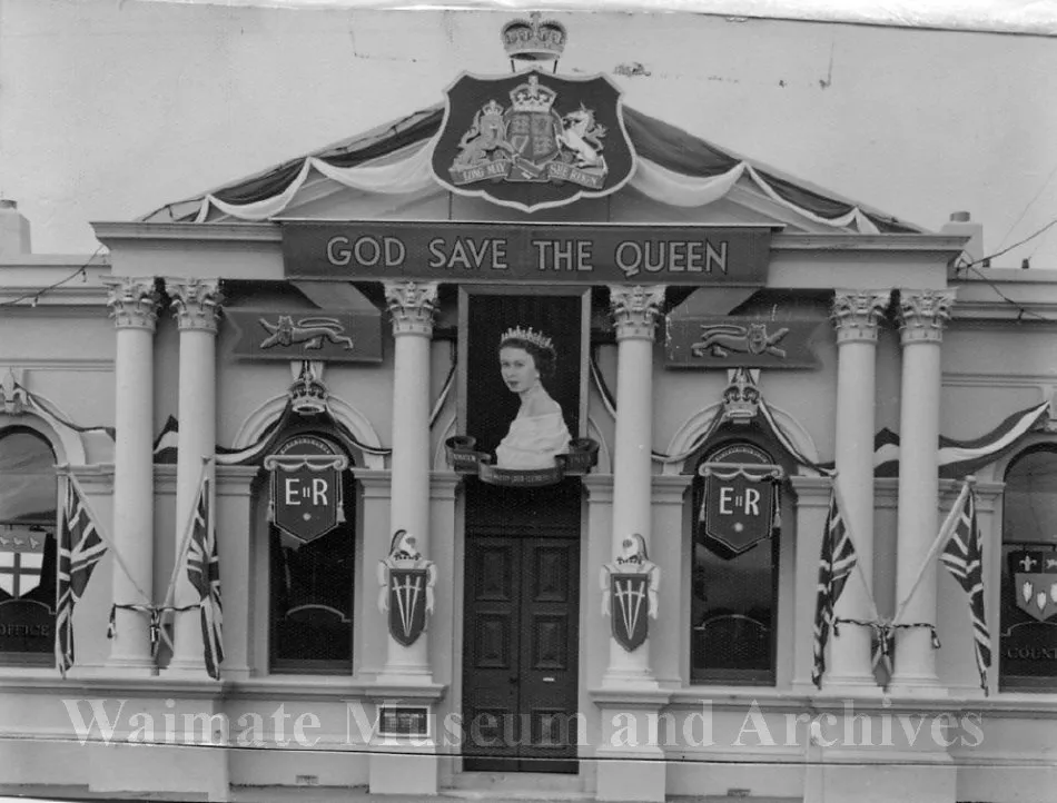 Waimate County Chambers decorated for the visit of Queen Elizabeth II, 1954