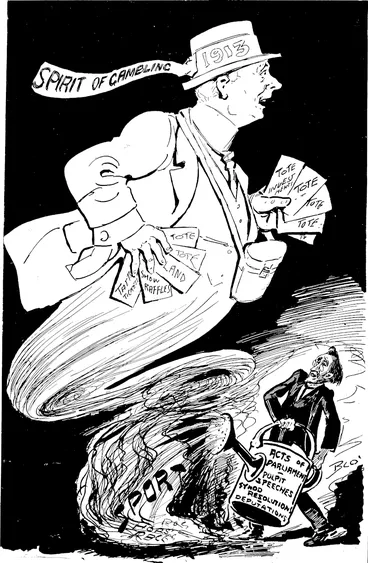 Image: THE RISING SPIRIT OF GAMBLING. Anti-Sport : The spirit of gambling I cannot lay, in spite of copious pourings of cold, water. It will not be quenched, but rises . Unhar and *mV��*.����� ��� (Observer, 14 June 1913)